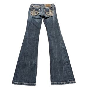 Miss Me Jeans Size 12 Flare Bootcut, Y2K Bling Flap Medium Wash Low Cut Stone